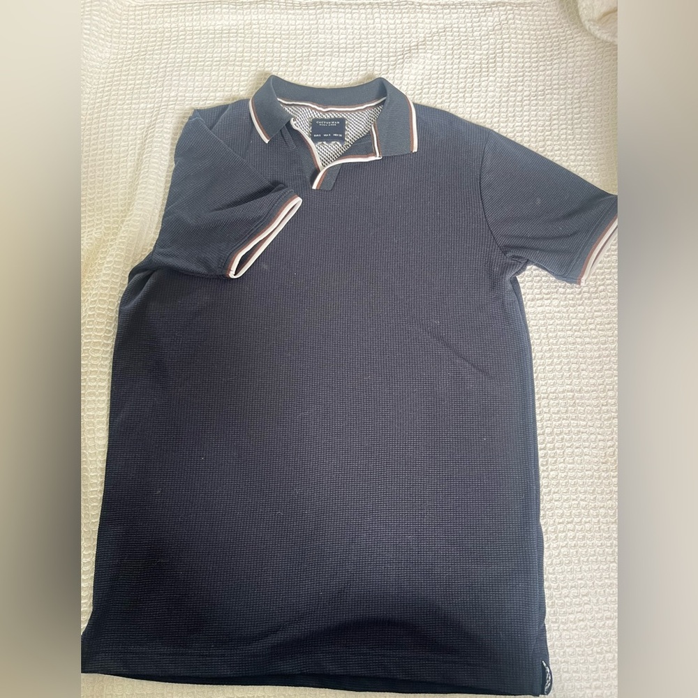 Men's Dark Blue Textured Polo with Stripe Trim